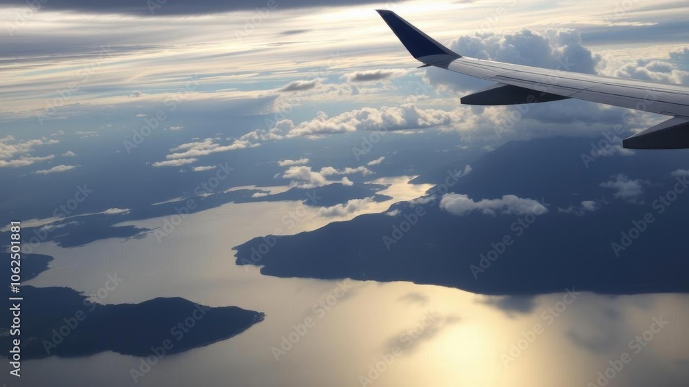 Aerial view of mountain range and lake from airplane window, lake, mountains Aerial view of mountain range and lake from airplane window, lake, mountains