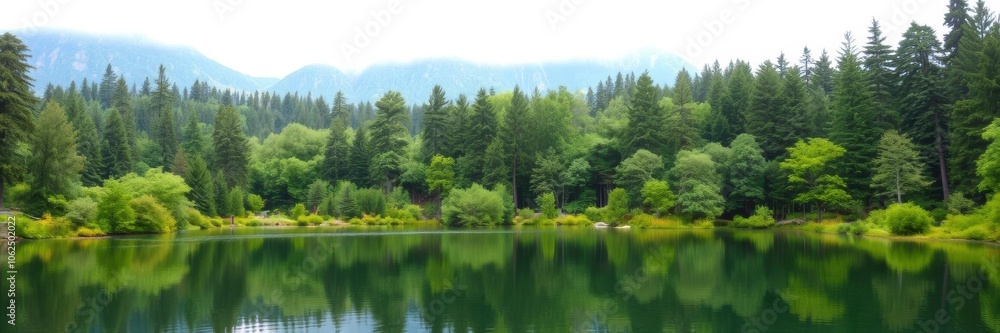 A serene landscape of a group of trees surrounding a majestic tree in the center, with a calm body of water reflecting the peaceful scene, water, serene A serene landscape of a group of trees surrounding a majestic tree in the center, with a calm body of water reflecting the peaceful scene, water, serene