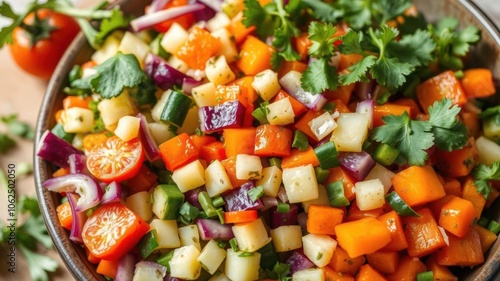 Assorted chopped vegetables and colorful vegetable salads on a white background, cooking, vegetarian