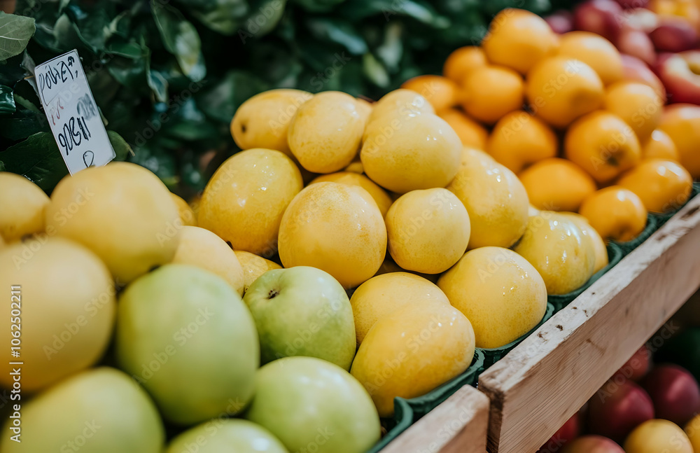 Close-up of fresh, yellow and green fruit in wooden crates at a market. Close-up of fresh, yellow and green fruit in wooden crates at a market.