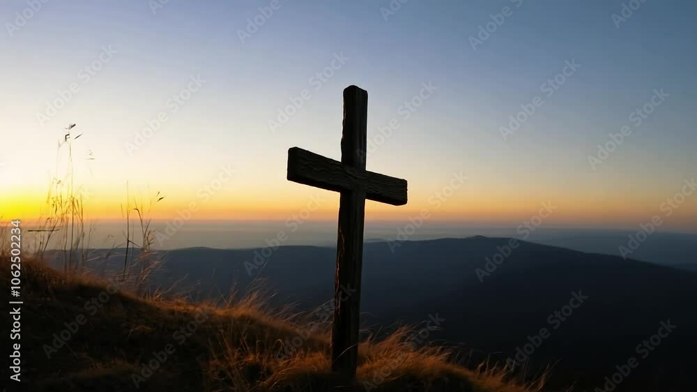 Sunrise illuminating a wooden cross atop a mountain, creating a serene and spiritual atmosphere in nature Sunrise illuminating a wooden cross atop a mountain, creating a serene and spiritual atmosphere in nature