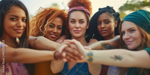 Diverse group of women united in celebration, showcasing friendship and diversity with joy and empowerment through a warm and inviting bond.