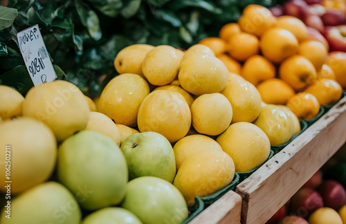 Close-up of fresh, yellow and green fruit in wooden crates at a market.