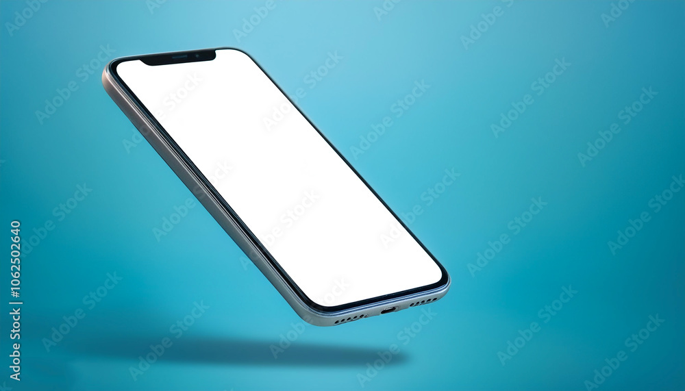 Smartphone with bright white screen floating or flying isolated on light blue background Smartphone with bright white screen floating or flying isolated on light blue background