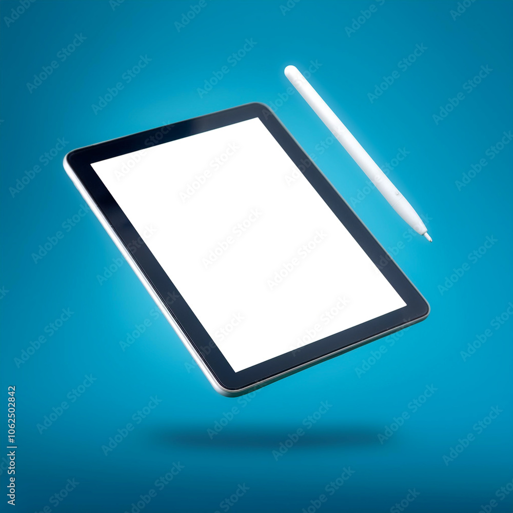 Tablet and stylus with bright white screen floating or flying isolated on light blue background Tablet and stylus with bright white screen floating or flying isolated on light blue background