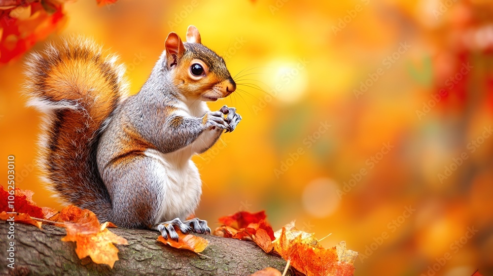 Obraz premium A charming squirrel sits on a branch in an autumn park, surrounded by a stunning display of colorful fall foliage. The vibrant leaves in shades of orange, red, and yellow create a warm backdrop, 