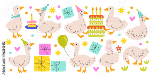 Cute birthday geese farm bird characters celebrating festive party with balloons, gift boxes, cake