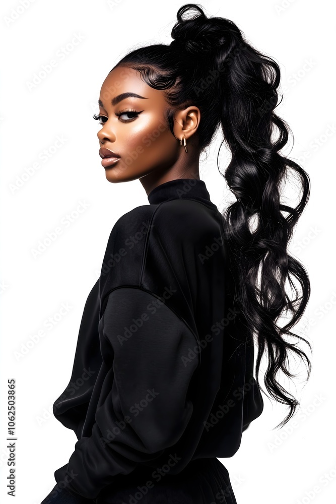 Fototapeta premium Stylish Portrait of Young Woman with High Ponytail Hairstyle in Profile – Modern Fashion Beauty with Sleek Hair and Dramatic Makeup Isolated on White Background