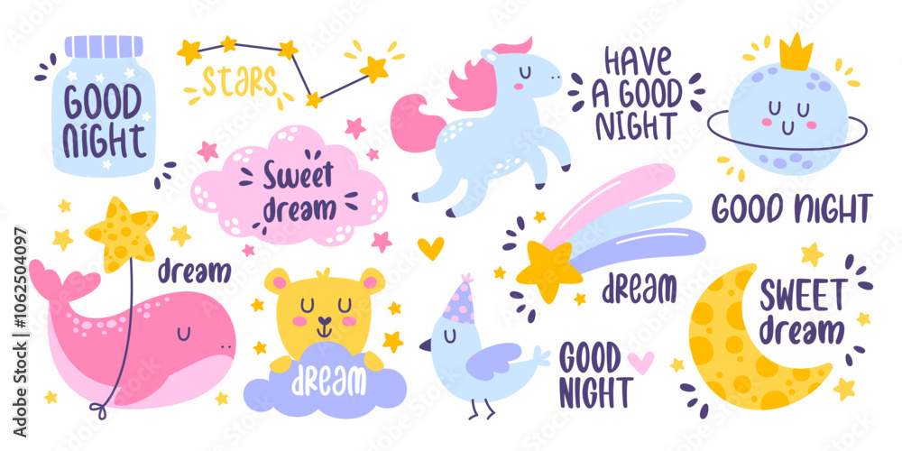Fototapeta premium Set of cute childish good night lullaby and sweet dreams wish with inscriptions colorful design