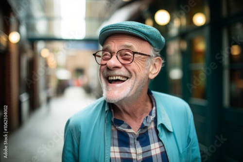 Portrait of smiling senior man with eyeglasses in the city