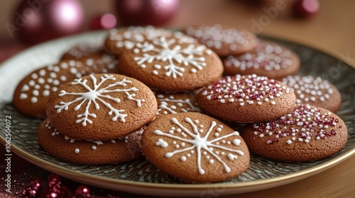 A plate of homemade gingerbread cookies decorated with white frosting and sprinkles.