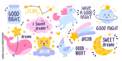 Set of cute childish good night lullaby and sweet dreams wish with inscriptions colorful design