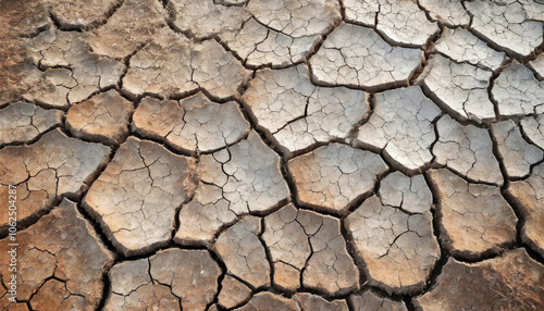 Top view of dry, cracked ground showing weathered soil pattern, perfect for background use