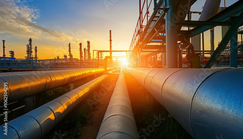 Vibrant sunset backdrops gas and oil pipelines at a refinery plant, showcasing the petrochemical industry