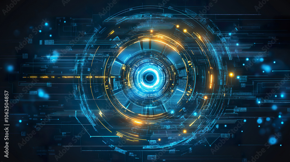 Futuristic digital interface with blue and gold circular hud elements Futuristic digital interface with blue and gold circular hud elements