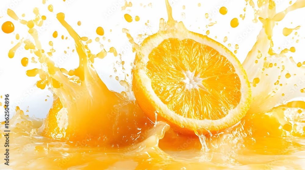 Fresh orange slice splashing into orange juice. Fresh orange slice splashing into orange juice.