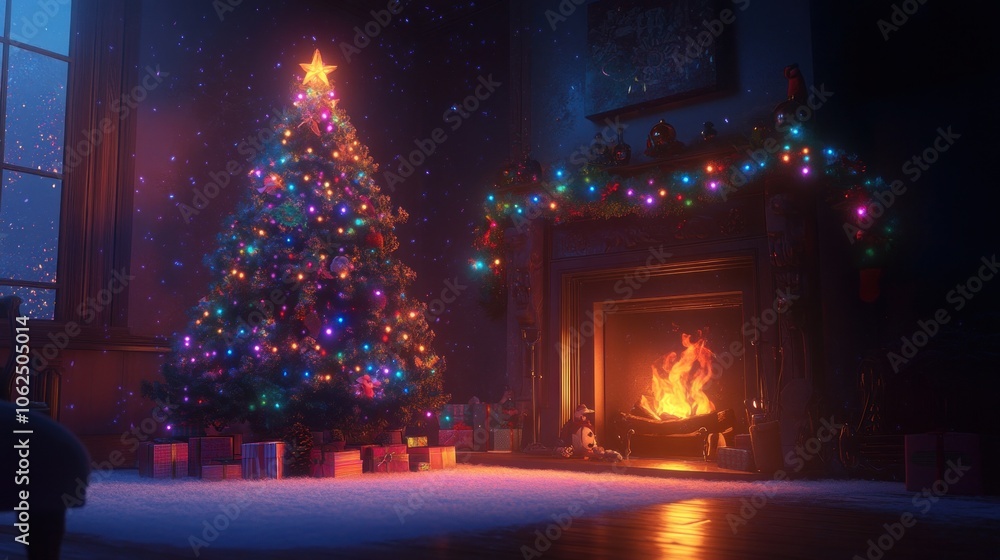 A warm fireplace and a decked-out Christmas tree with glittering lights create a joyful home vibe. A warm fireplace and a decked-out Christmas tree with glittering lights create a joyful home vibe.