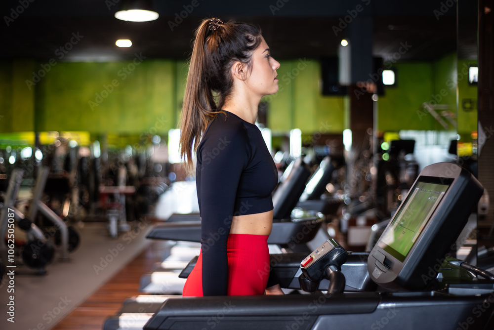 Young woman exercising and training in the gym on treadmill running machine. Healthy lifestyle and positive people. High quality photo Young woman exercising and training in the gym on treadmill running machine. Healthy lifestyle and positive people. High quality photo