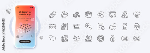 Medicine, Medical drugs and Certificate line icons for web app. Phone mockup gradient screen. Pack of Wallet, Chat message, 3d app pictogram icons. Money tax, Winner, Search text signs. Vector