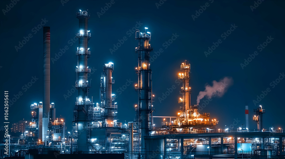 Fototapeta premium Industrial complex illuminated at night, showcasing towering structures and smoke emissions. AI Image