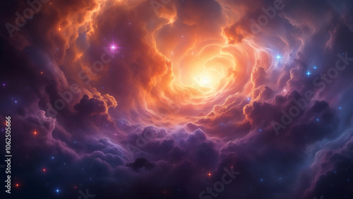 A stunning cosmic nebula image featuring swirling patterns of orange, purple, and blue gases illuminated by a bright celestial light creating a mesmerizing celestial scene