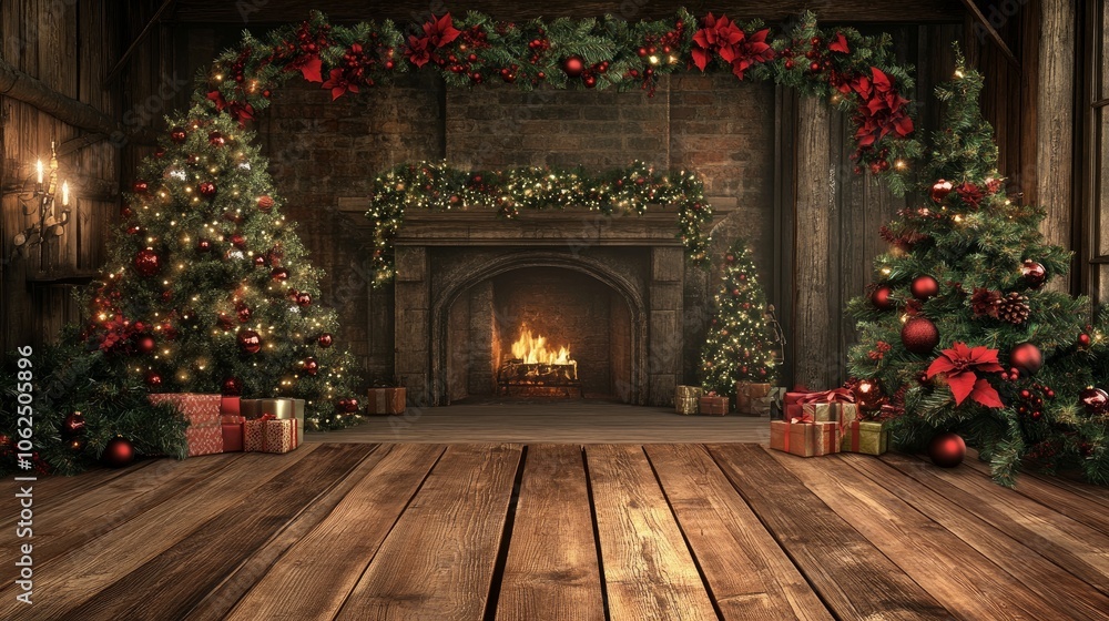 A merry Christmas backdrop design. A wooden table with a fireplace and Christmas tree in the backdrop. Excellent for product displays A merry Christmas backdrop design. A wooden table with a fireplace and Christmas tree in the backdrop. Excellent for product displays