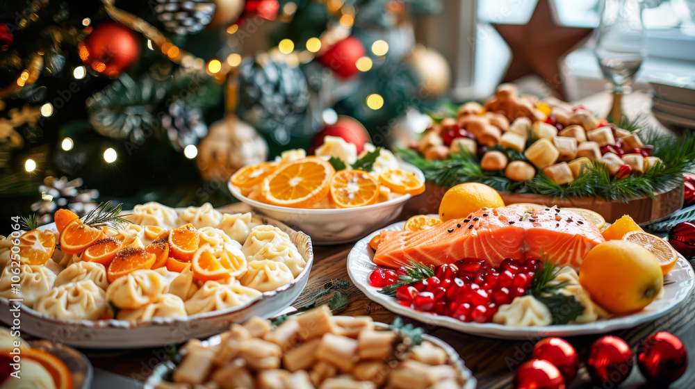 Festive New Year s table displaying traditional Chinese cuisine with salmon, dumplings, and oranges Festive New Year s table displaying traditional Chinese cuisine with salmon, dumplings, and oranges