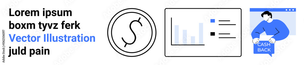 Text block, logo icon, bar chart graphic, and person with Cashback sign. Ideal for financial reports, presentations, websites, marketing materials, mobile apps, infographics, advertising. Landing Text block, logo icon, bar chart graphic, and person with Cashback sign. Ideal for financial reports, presentations, websites, marketing materials, mobile apps, infographics, advertising. Landing