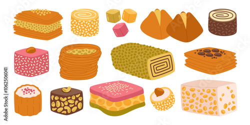 Set of traditional turkish sweets, arabic desserts, oriental confectionery homemade assortment