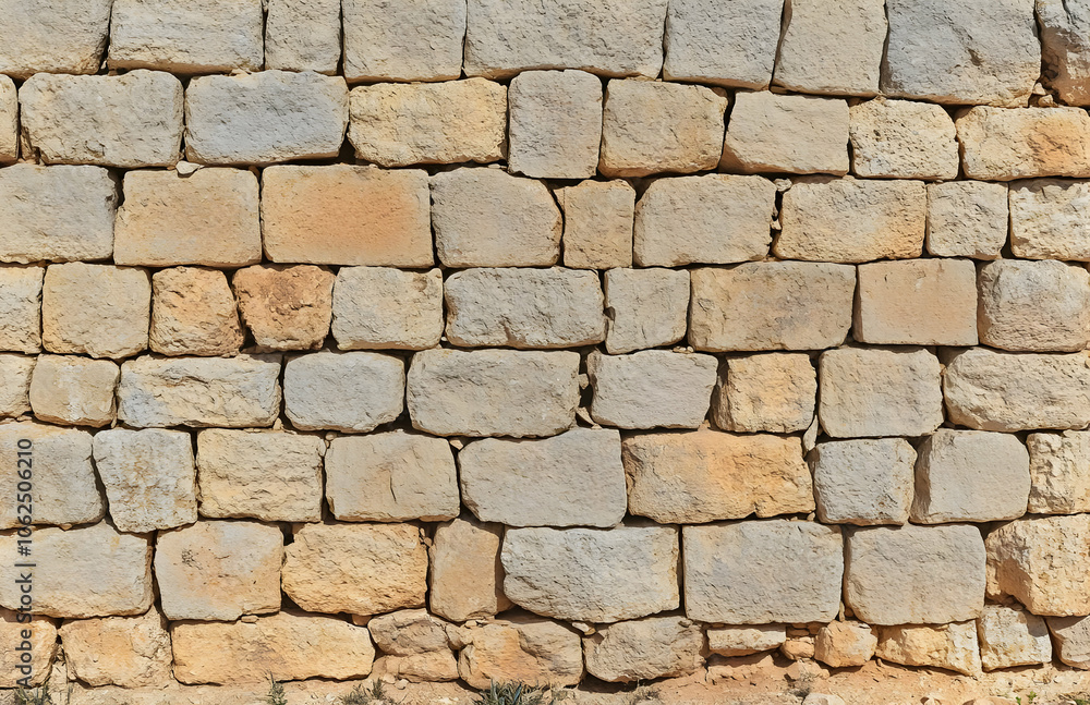A textured stone wall made of rectangular blocks in warm tones. AI Image A textured stone wall made of rectangular blocks in warm tones. AI Image