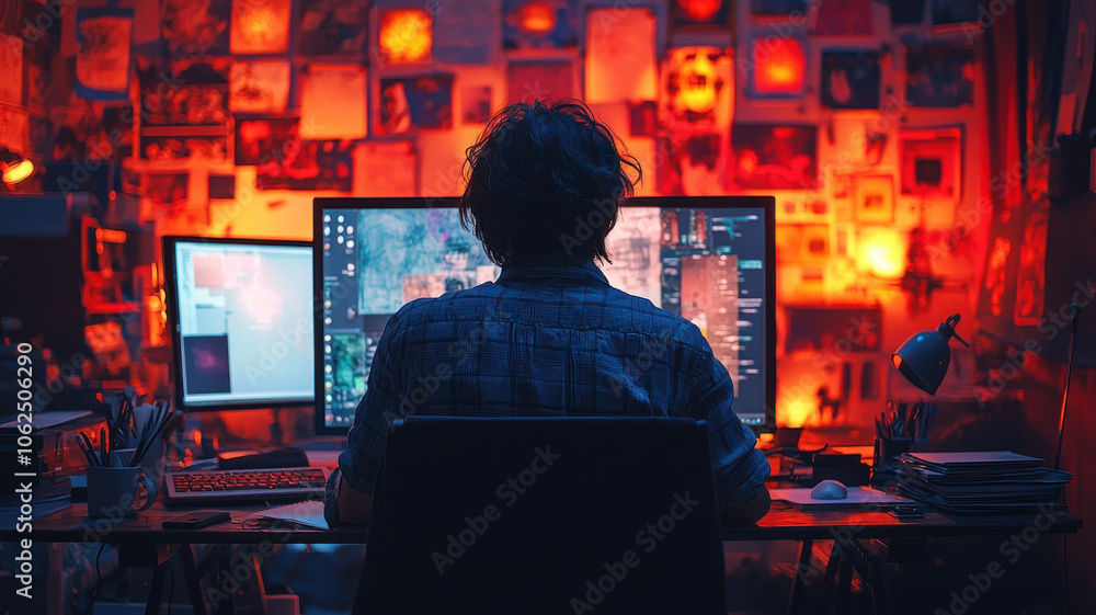 graphic designer working on computer in creative studio filled with sketches and vibrant lighting. atmosphere is inspiring and focused graphic designer working on computer in creative studio filled with sketches and vibrant lighting. atmosphere is inspiring and focused
