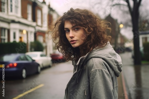 Portrait of a beautiful young woman with curly hair in the city