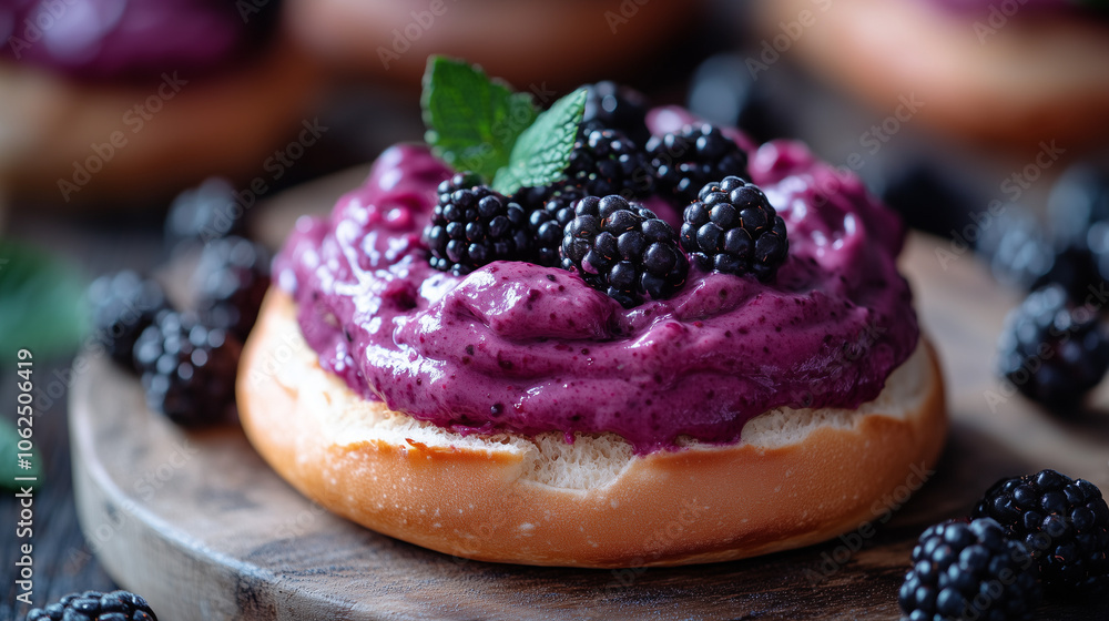 Delicious berry cream bun with blackberries on a wooden plate Delicious berry cream bun with blackberries on a wooden plate