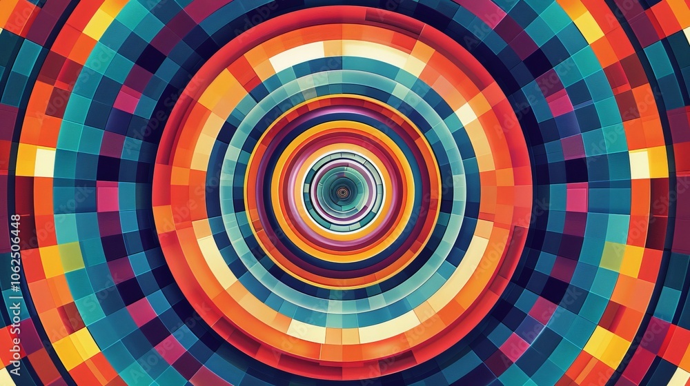 Circular geometric pattern with radial symmetry and vibrant colors, creating a dynamic effect Circular geometric pattern with radial symmetry and vibrant colors, creating a dynamic effect