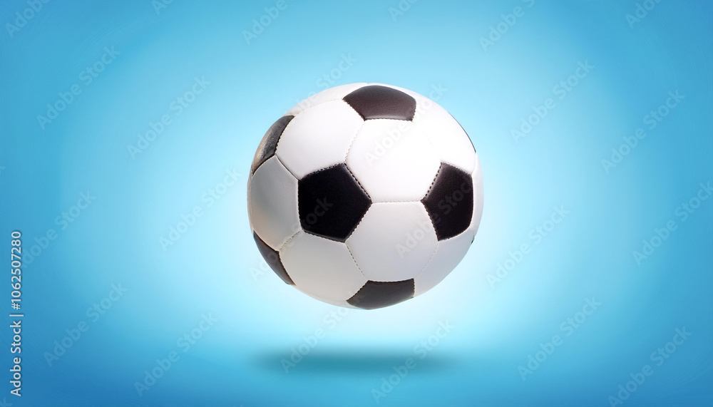 White and black soccer ball floating or flying isolated on light blue background White and black soccer ball floating or flying isolated on light blue background
