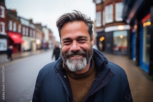 Portrait of a handsome middle-aged man smiling at the camera while walking along a street in London, UK