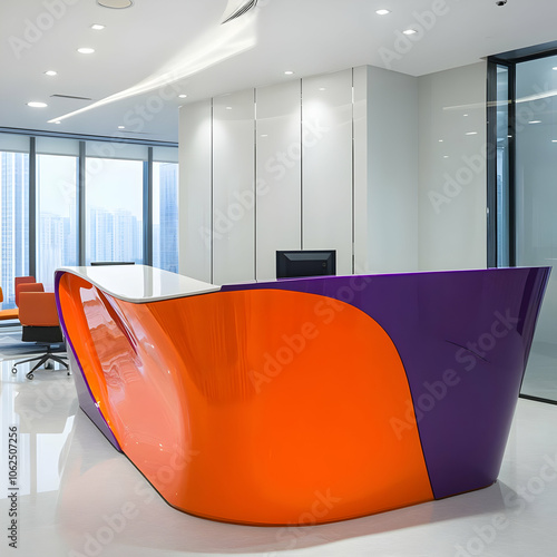 Modern reception area featuring a sleek orange and purple desk in a bright office environment. AI Image