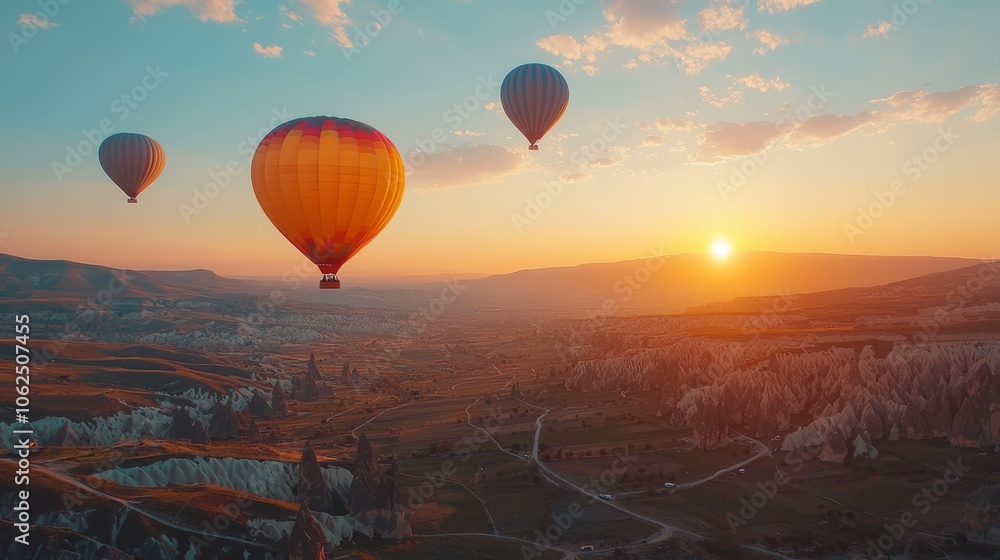 Fototapeta premium Colorful Hot Air Balloons Over Scenic Landscape
