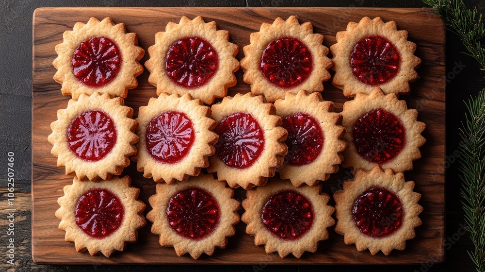 A close-up shot of homemade raspberry thumbprint cookies. The cookies are arranged in a neat row on a wooden cutting board. A close-up shot of homemade raspberry thumbprint cookies. The cookies are arranged in a neat row on a wooden cutting board.