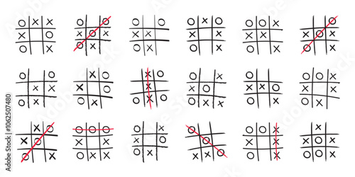 Tic-tac-toe game hand drawn doodle linear design set representing strategy, succeed and challenge