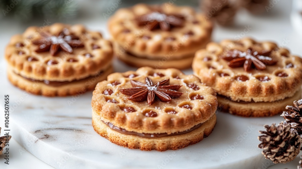Closeup of four delicious, homemade, round, caramel-filled cookies, topped with a star anise and powdered sugar, arranged on a white marble plate. Closeup of four delicious, homemade, round, caramel-filled cookies, topped with a star anise and powdered sugar, arranged on a white marble plate.