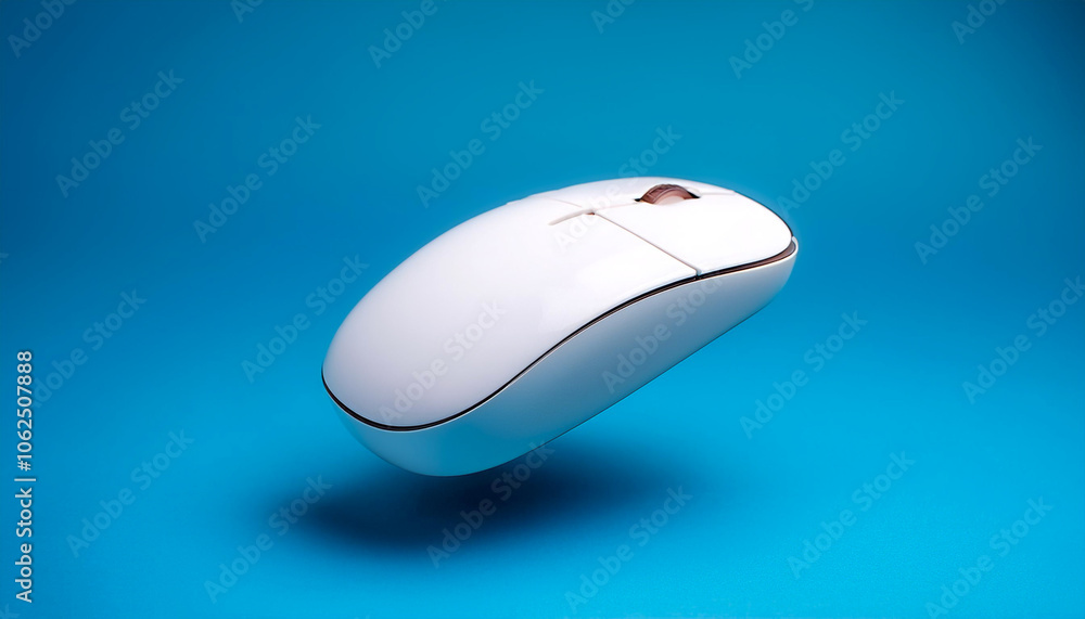 White Wireless mouse without cables floating or flying isolated on light blue background White Wireless mouse without cables floating or flying isolated on light blue background