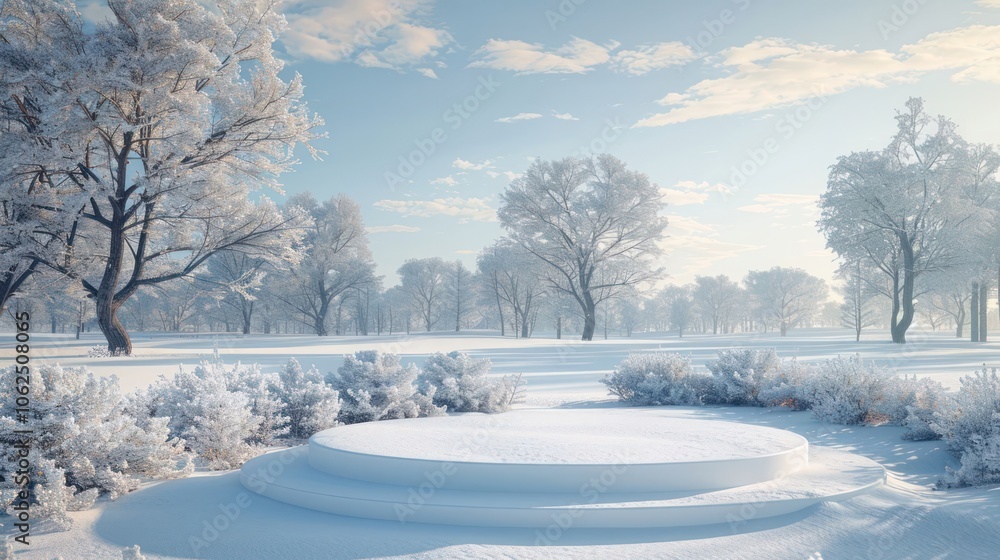 Obraz premium Snowy winter scene with a circular platform in a frosty forest.