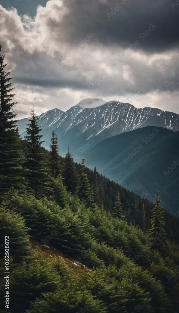 Obraz premium Majestic mountains tower over a serene spruce forest beneath a dramatic sky, showcasing nature beauty at dusk. Towering mountains with rolling hills and moody sky highlighting peaceful wilderness. AI