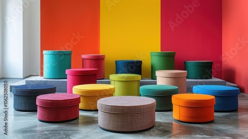 Colorful storage ottomans with lids arranged in a display on a platform in front of a colorful wall.