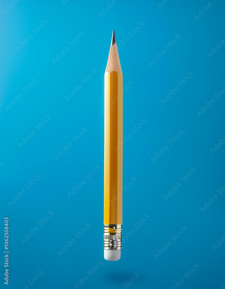 Yellow wooden Pencil floating or flying isolated on light blue background Yellow wooden Pencil floating or flying isolated on light blue background