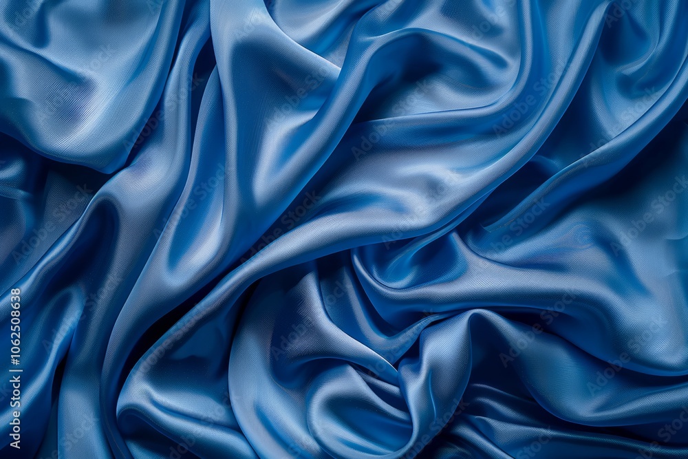Fototapeta premium Blue silk fabric drapery material. Detailed photo textured background