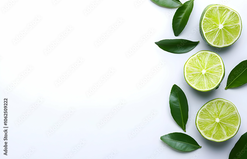 Three halved limes with green leaves arranged on a white background. Three halved limes with green leaves arranged on a white background.