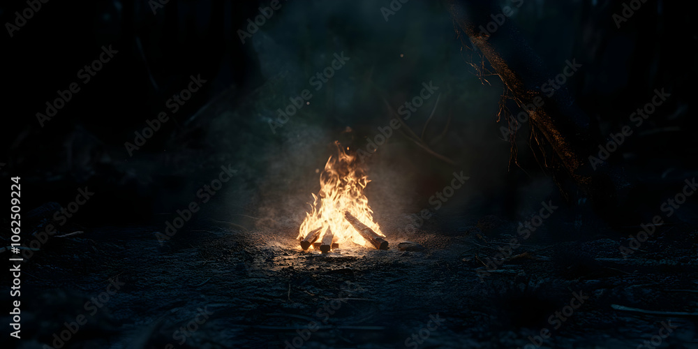 A small campfire glowing in a dark forest, surrounded by smoke and shadows. AI Image A small campfire glowing in a dark forest, surrounded by smoke and shadows. AI Image