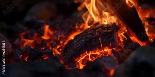 Close-up of glowing embers and charcoal, showcasing intense heat and vibrant colors. AI Image